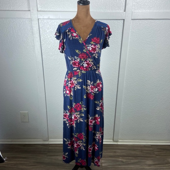 Loveappella Navy Floral Maxi Dress Women’s SP Crochet Trim - Picture 1 of 8